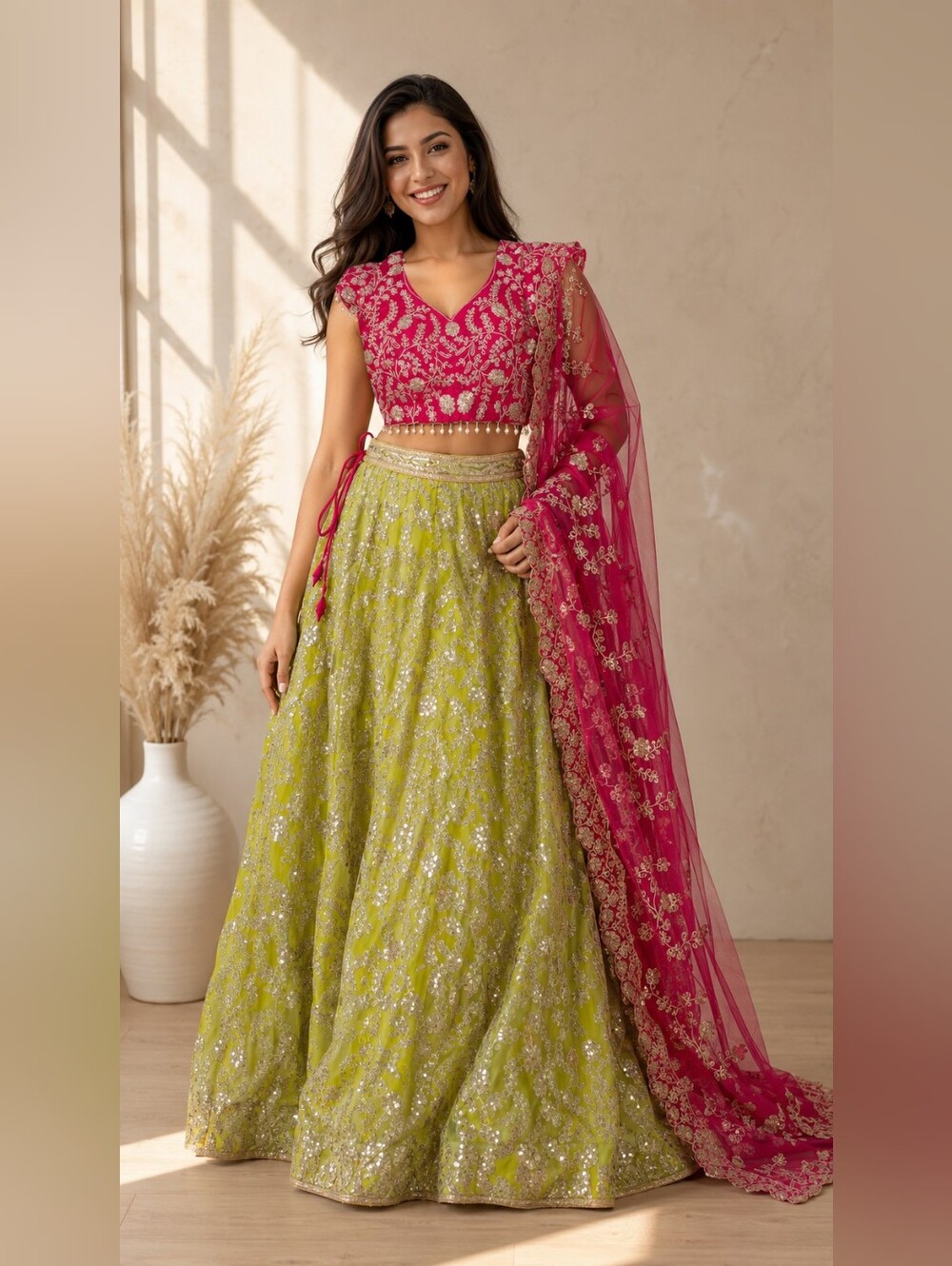 Georgette Sequin Work Green/Wine Lehenga Choli - Size 8